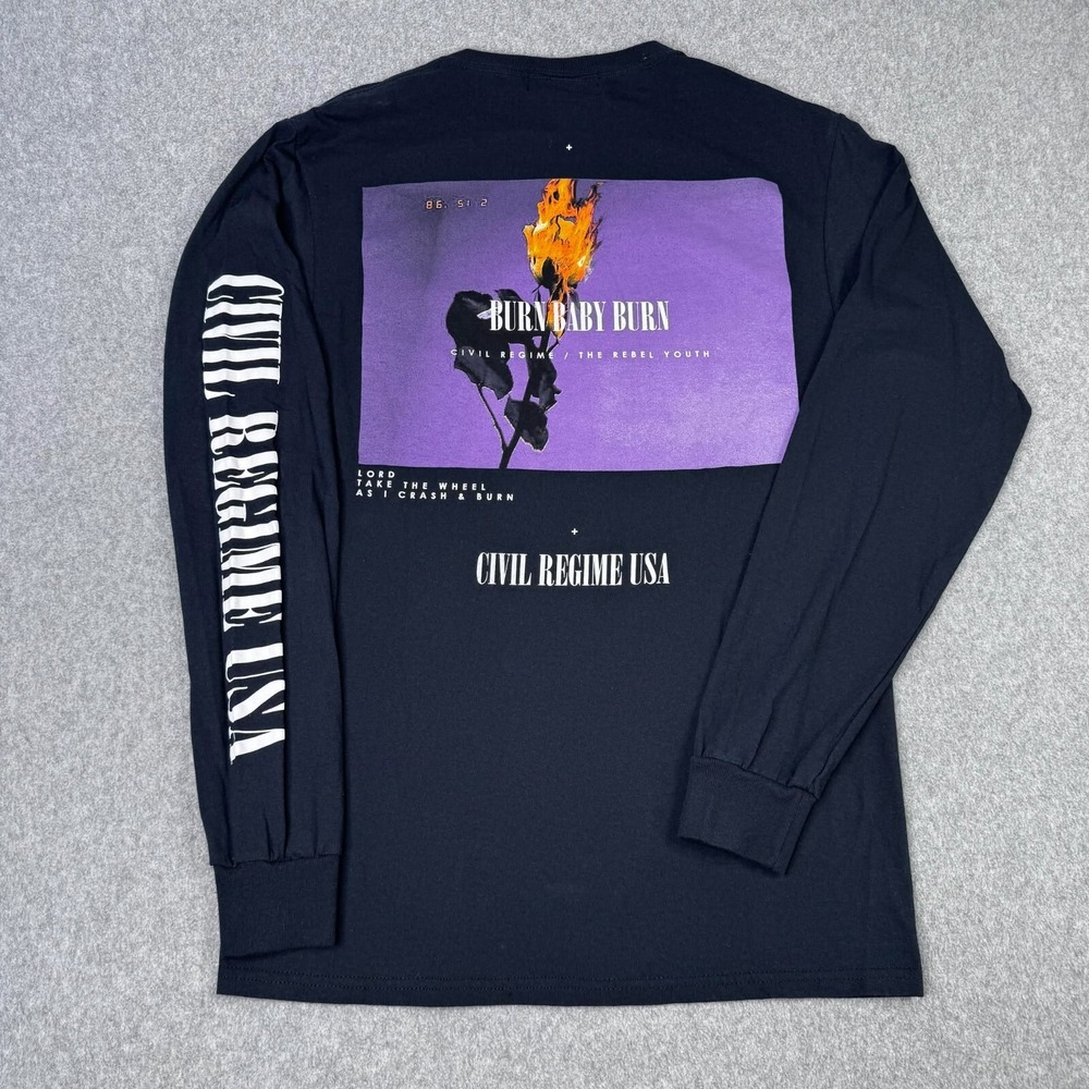 Civil Regime Burn Baby Black Long Sleeve‎ Spellout Shirt Graphic Size Small